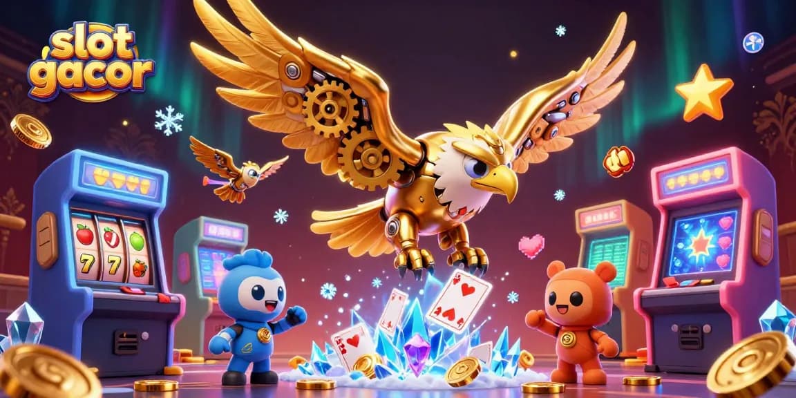 Menggali peluang slot gacor di kasino dengan elang cybernetic terbang di atas kartu.
