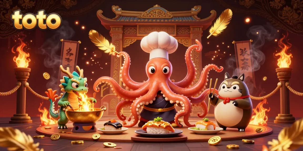 Ambil kesempatan pada permainan toto dengan chef sushi kartun 3D, naga hijau, dan pelanggan.