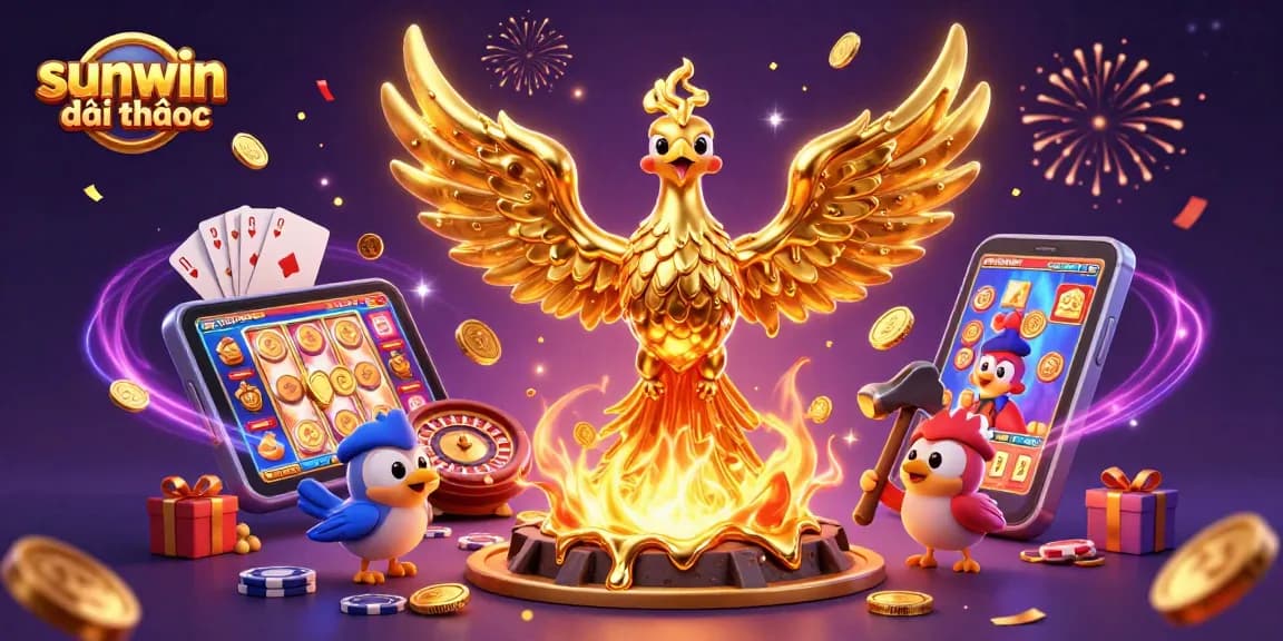 Experience the thrill of sunwin đổi thưởng as a molten golden phoenix emerges, surrounded by vibrant casino elements.