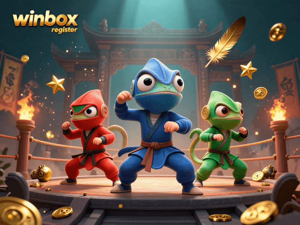 Winbox register visual featuring 3D cartoon ninja chameleons in martial arts poses surrounded by gaming elements.