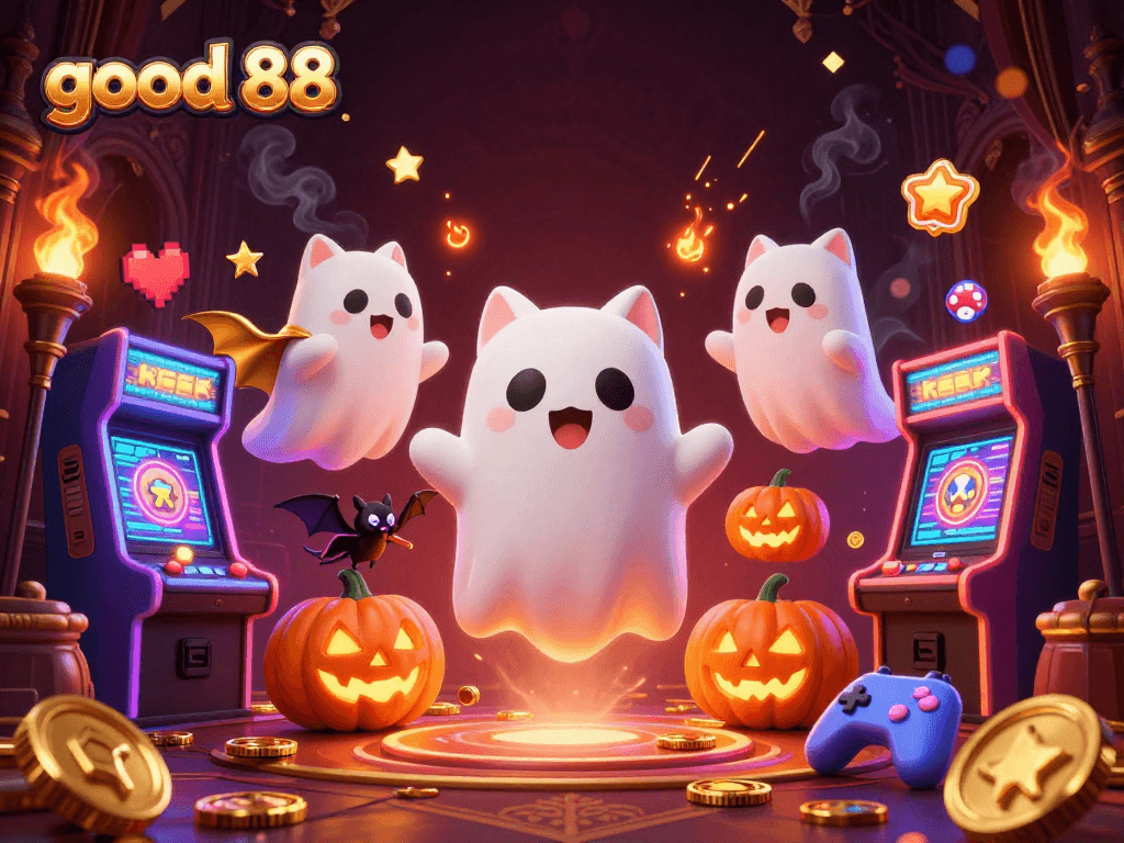 Experience thrilling gameplay at good 88 with a captivating ghost cat in a haunted casino scene.
