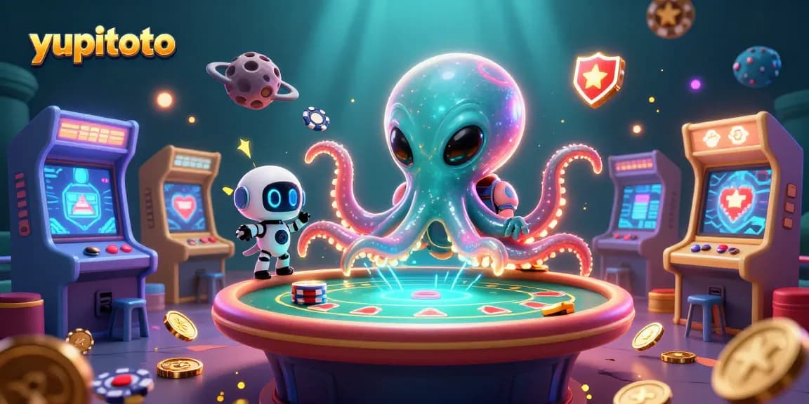 Menggali peluang permainan di yupitoto dengan oktopus alien yang memimpin meja poker holografis, dikelilingi chip asteroid.