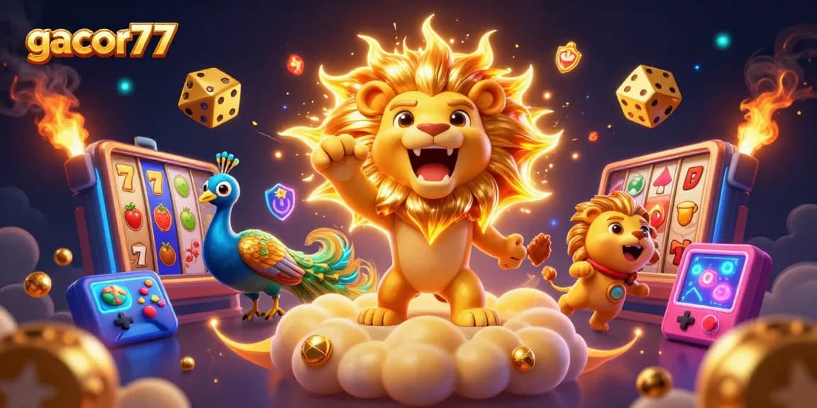 Permainan gacor77 dengan lion 3D dan elemen kasino lainnya dalam warna cerah dan detail memukau.