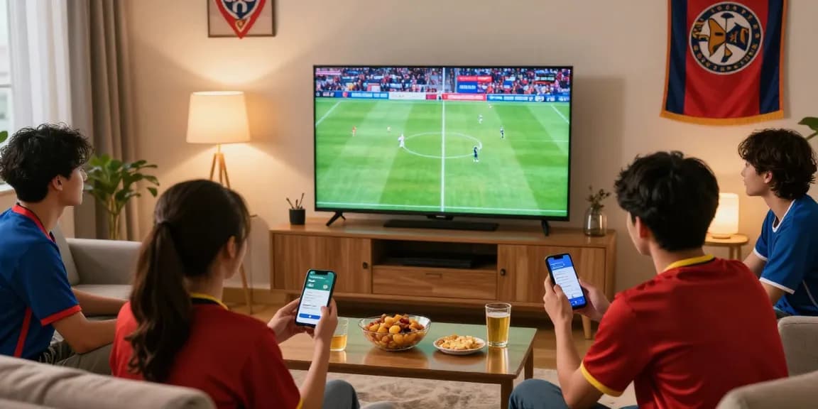 Menonton pertandingan sepak bola di Jalalive secara langsung bersama teman-teman di ruang tamu.
