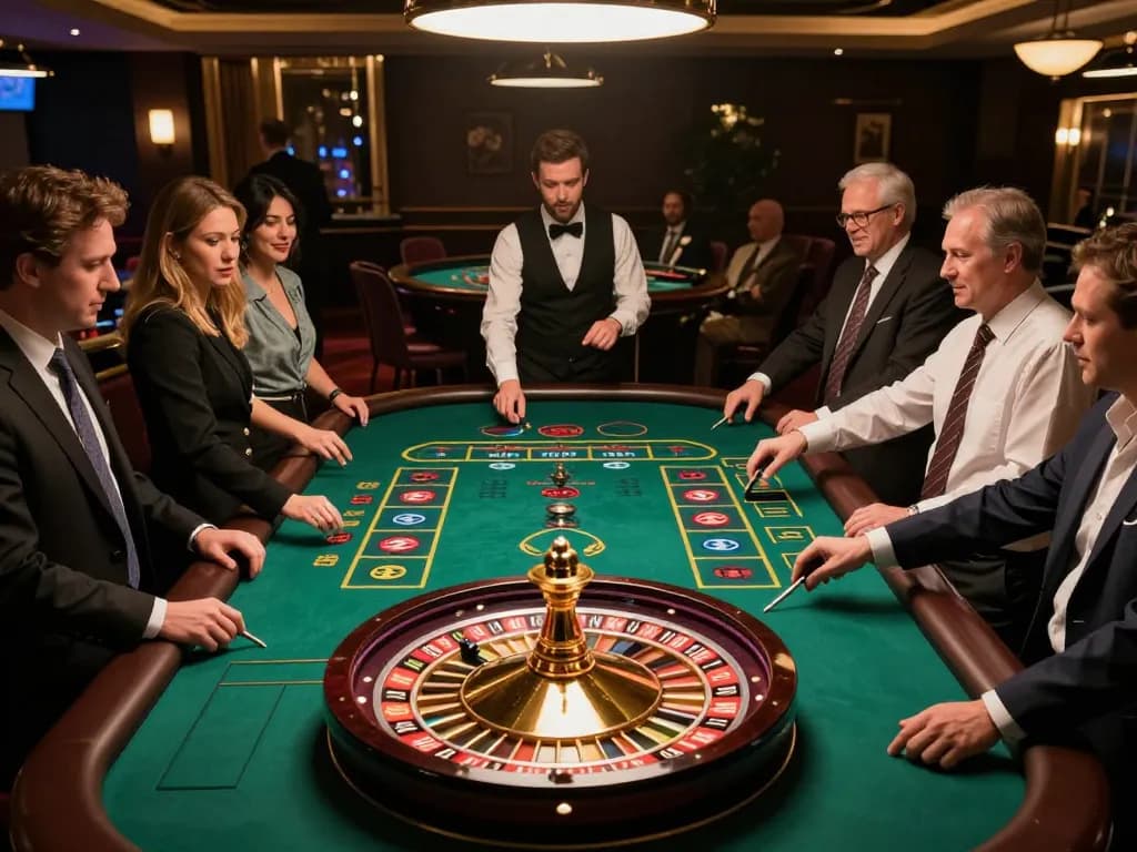 Kenzobet slot players engaging at a roulette table, showcasing excitement and strategy.