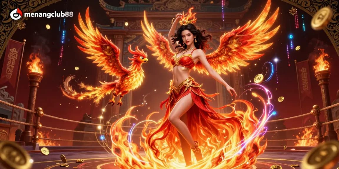 Engage with exhilarating wins at menangclub88, featuring a dynamic scene of casino elements and a stunning character.