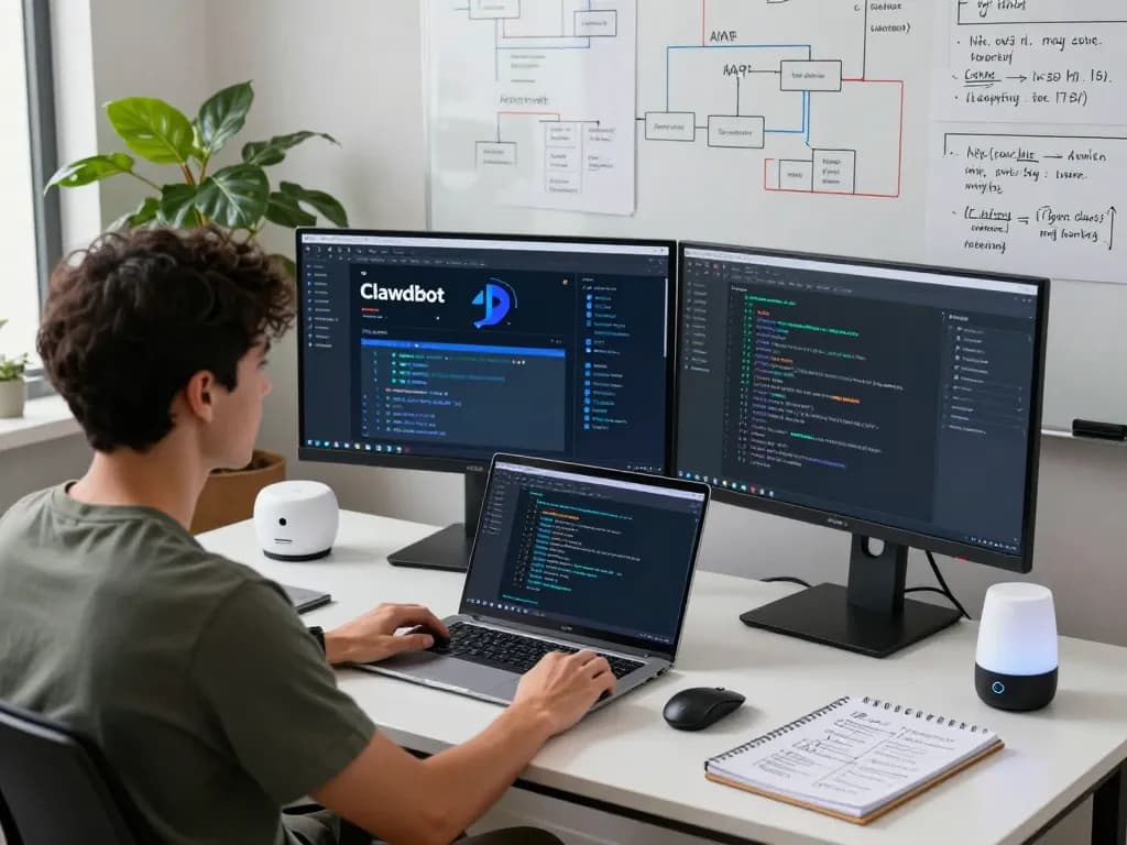 Developer showcasing Clawd Bot personal AI assistant in a modern software workspace