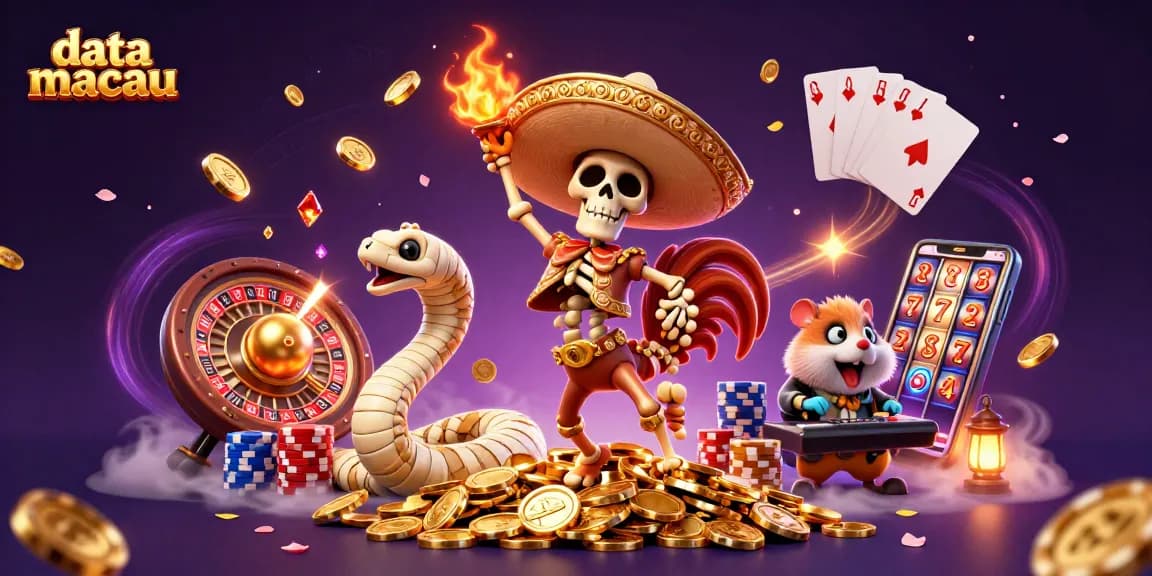 Bermain togel dan slot gacor di data macau, memenangkan jackpot bersama tokoh-tokoh fantastis dalam sebuah ilustrasi kasino 3D.