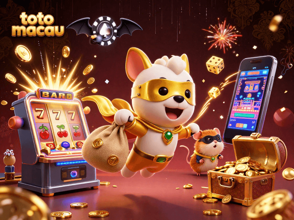 Visualisasi kreatif "toto macau" yang menampilkan anjing super dan elemen kasino menghibur.