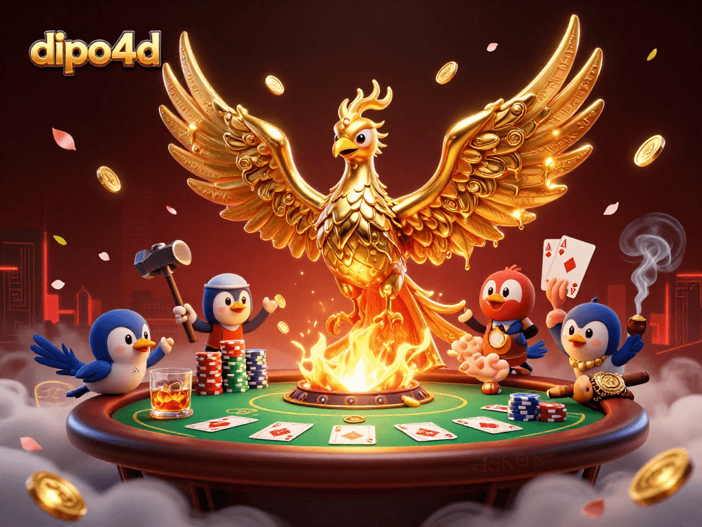 Experience thrilling action at dipo4d with a golden phoenix emerging amidst a dynamic poker scene.