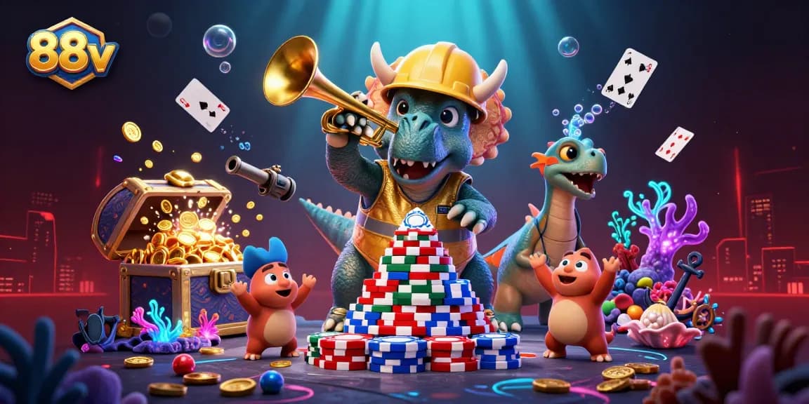 Engage in the vibrant world of 88vv casino with a triceratops building poker chip towers.
