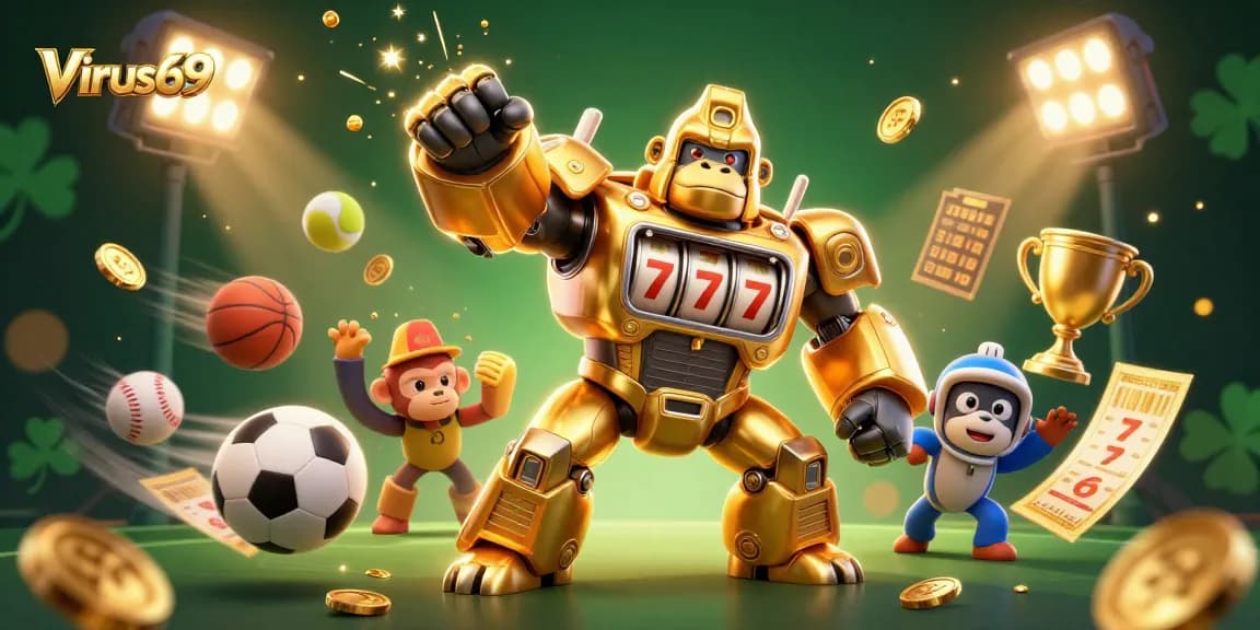 Engage with Virus69 for thrilling online gambling experiences featuring a golden gorilla mech amidst dynamic sports elements.