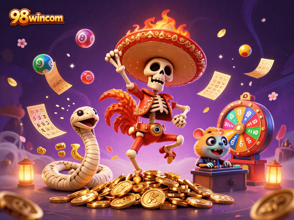 Engage in thrilling gameplay with 98wincom's dynamic casino scene featuring vibrant characters and lottery elements.
