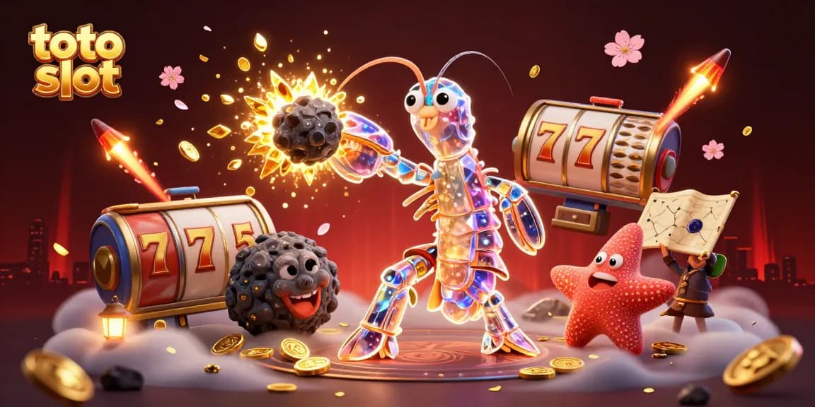 Menghasilkan kemenangan besar di toto slot dengan simbol slot berkilau dan koin emas yang berhamburan.