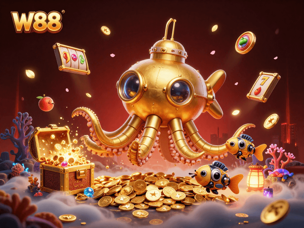 W88 slots come alive in a vibrant scene of golden kraken and coins, exuding excitement and winning potential.