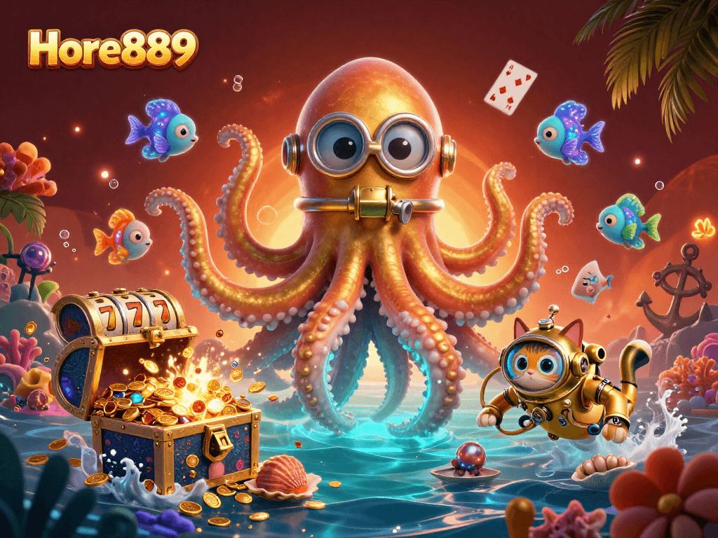 Play exciting slot games at Hore889, featuring a colossal kraken, diving cat, and dynamic casino elements.