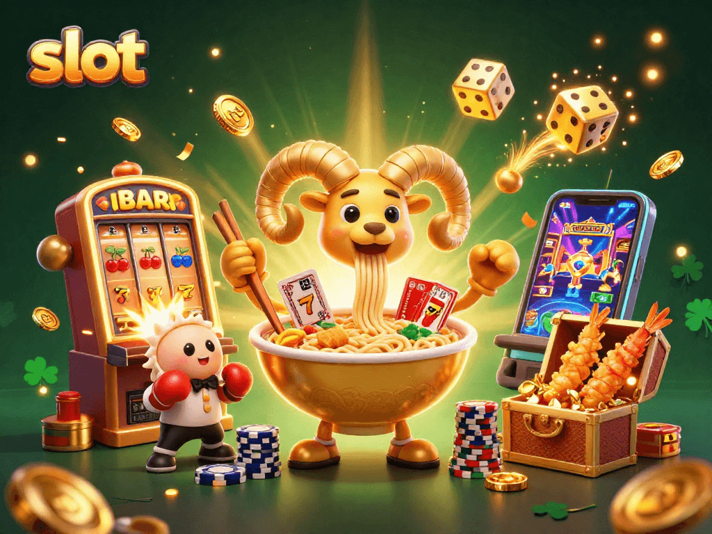 Engaging slot gaming scene with a vibrant ramen bowl mascot and dynamic casino elements.