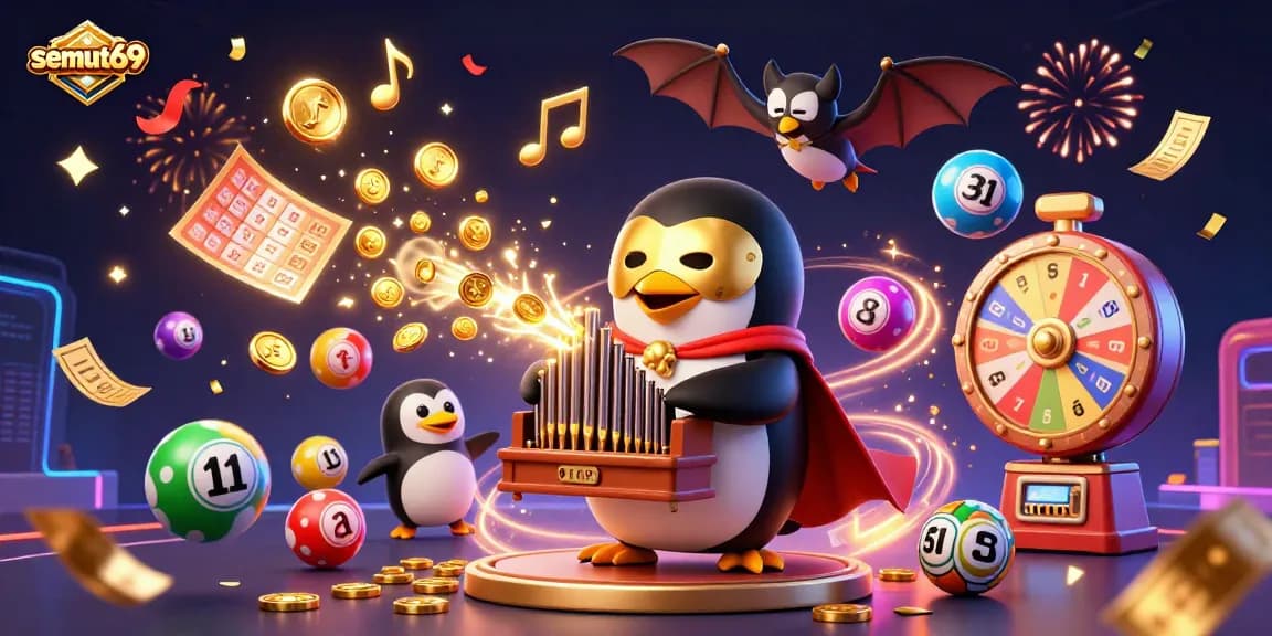 Semut69 si penguin opera yang menyebarkan koin emas dalam latar kasino yang meriah.
