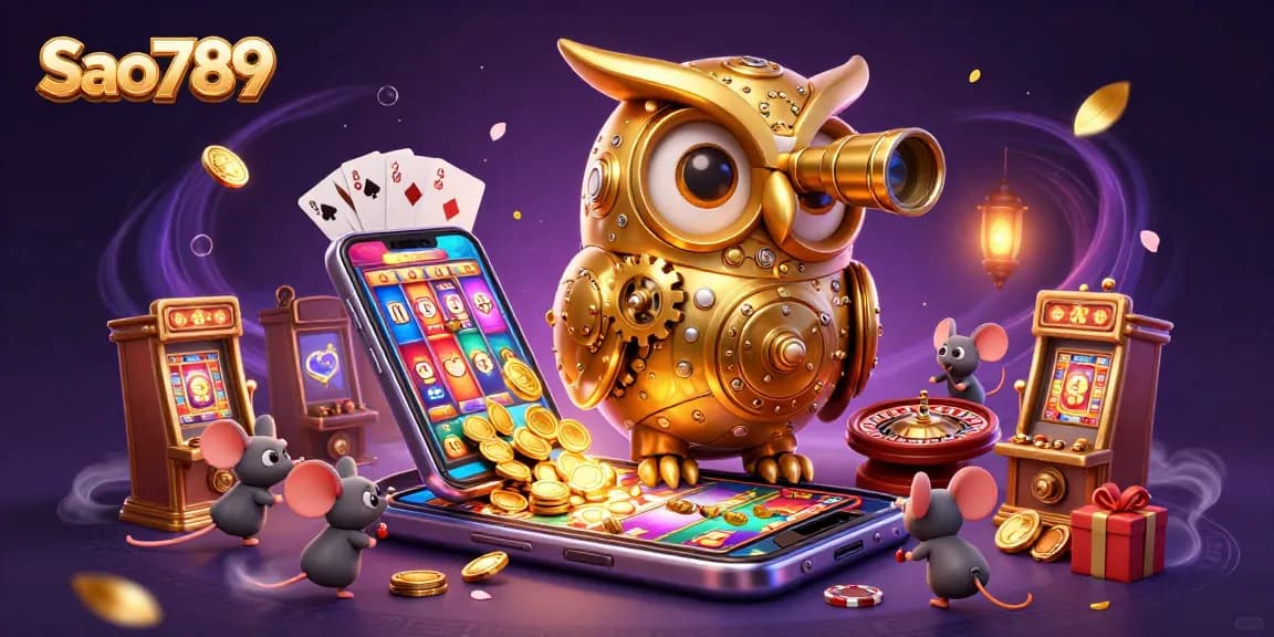 Sao789 features a golden owl and playful mice in a vibrant casino scene with engaging game elements.