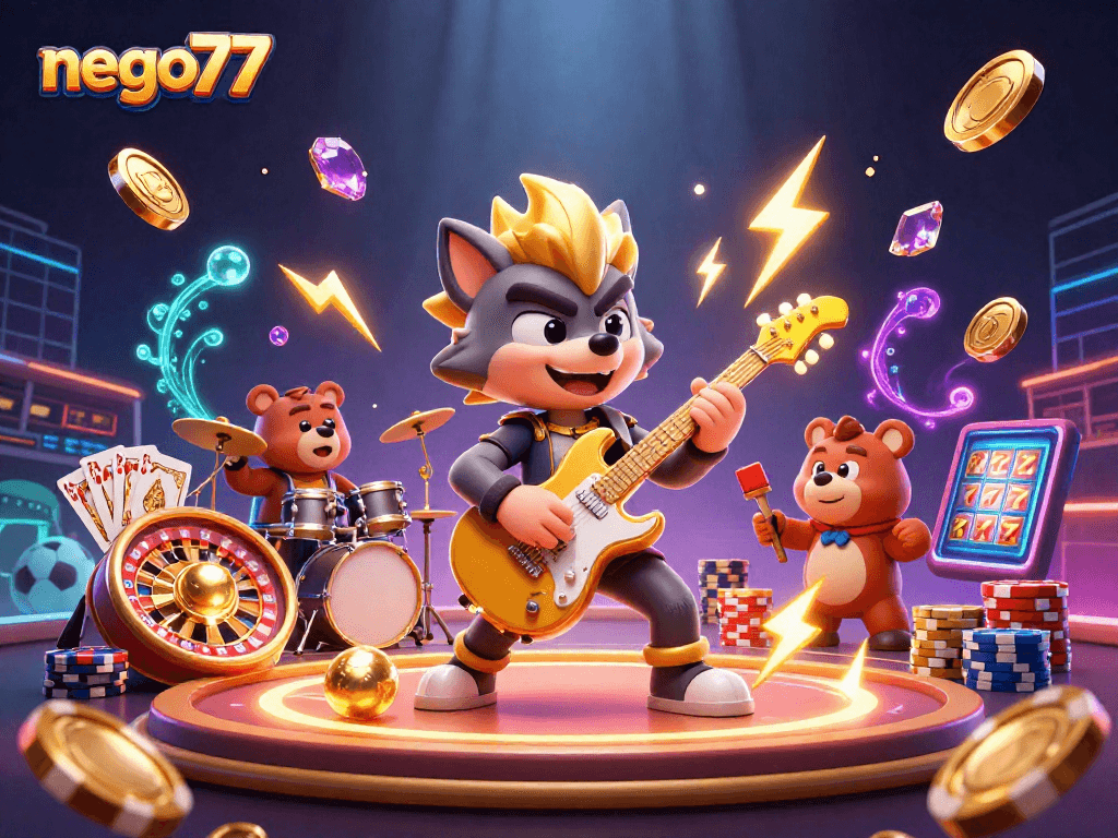 Experience thrilling sports betting action with nego77 in a vibrant casino scene featuring a rocking wolf and dynamic imagery.