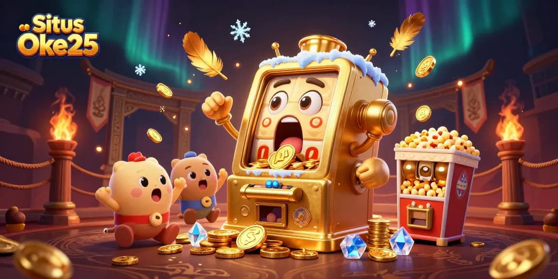 Situs Oke25 merayakan jackpot dengan mesin slot emas ceria, koin berterbangan, dan mesin popcorn.