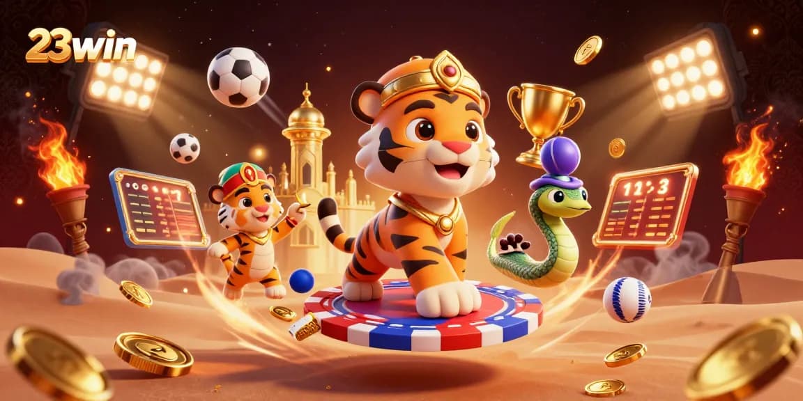 Experience 23win's vibrant casino scene with a tiger sultan, magic lamp, and dynamic sports elements.