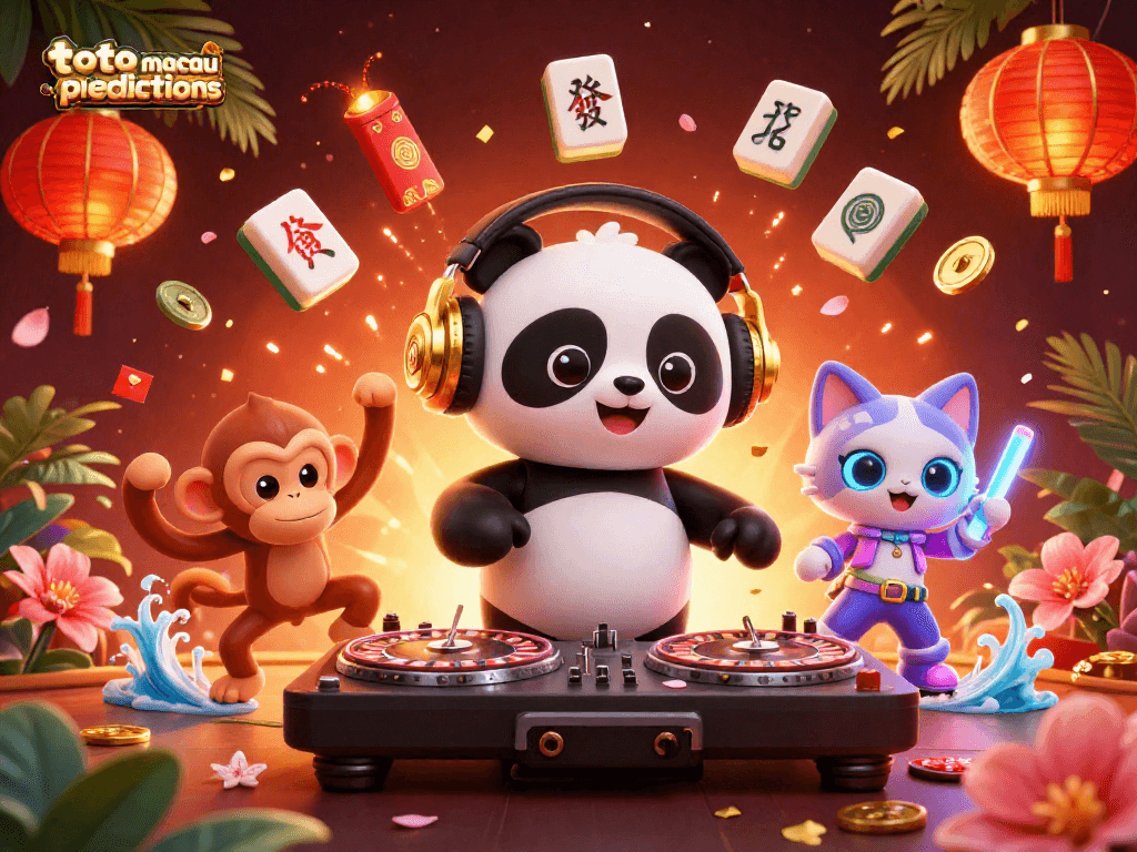 Engage in toto macau predictions with a lively 3D casino scene featuring colorful characters and gambling elements.