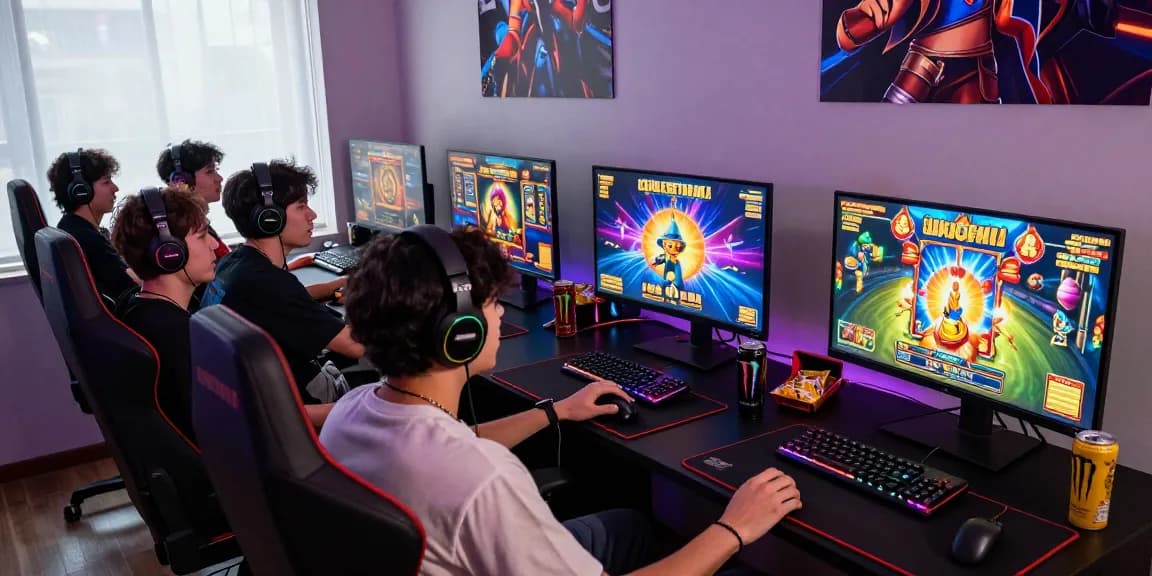 Exciting Nagahitam303 Slot gaming experience with players engaged in vibrant slot game on large screens, showcasing a thrilling atmosphere.