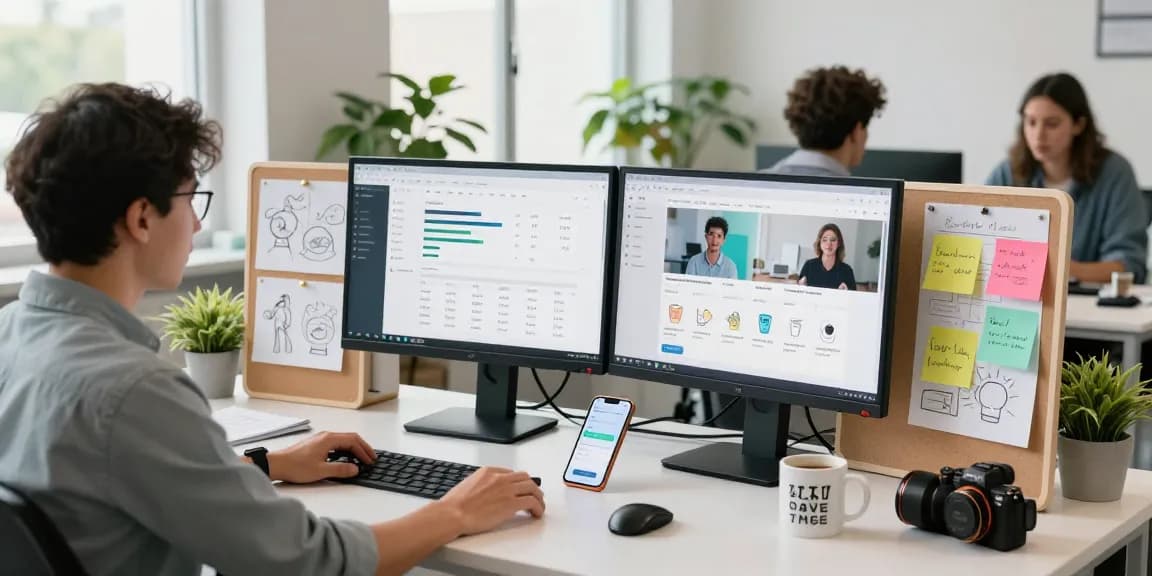 Lingkungan kerja pemasaran digital dengan Polo4d di layar monitor dan kolaborasi tim yang aktif.