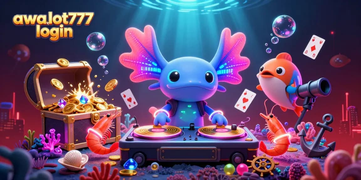 AWSLOT777 login showcases vibrant underwater party scene with neon axolotl DJ and dancing shrimp.