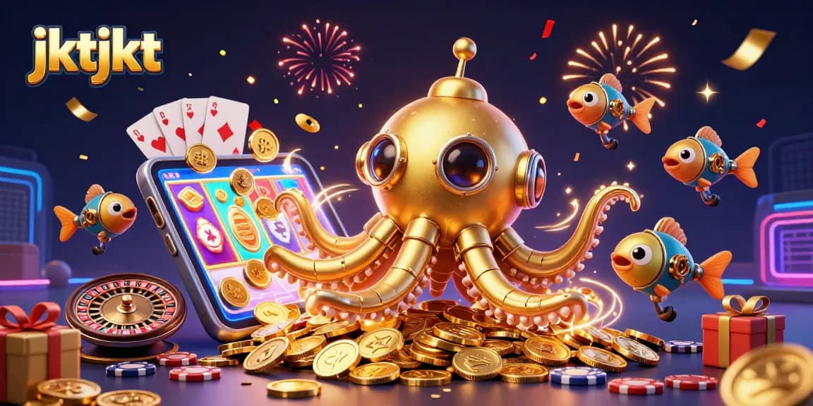 JKTJKT menampilkan slot game dengan sinar warna-warni dan koin emas meluncur dari smartphone.