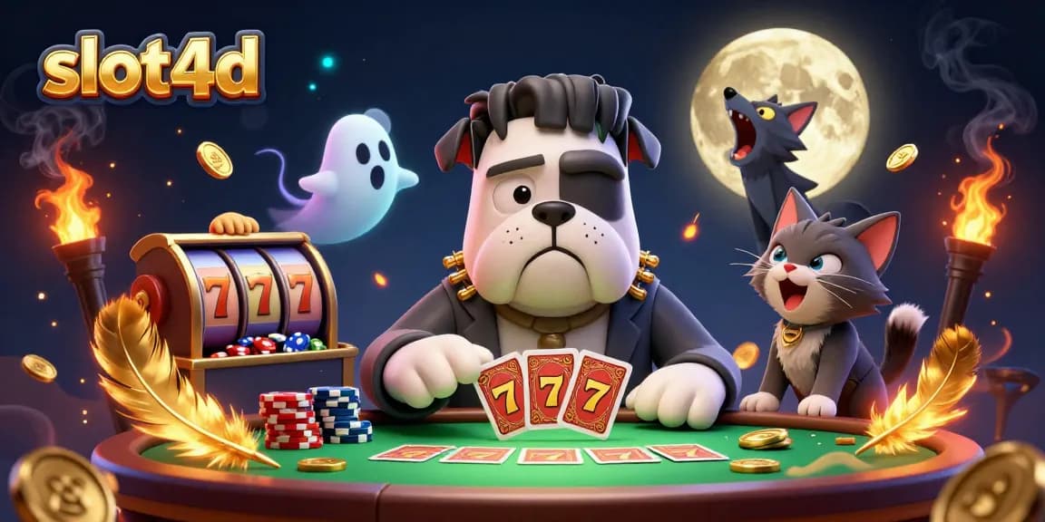 Menangkan slot4d dengan aksi kartu oleh monster Frankenstein dan kucing werewolf di meja kasino.