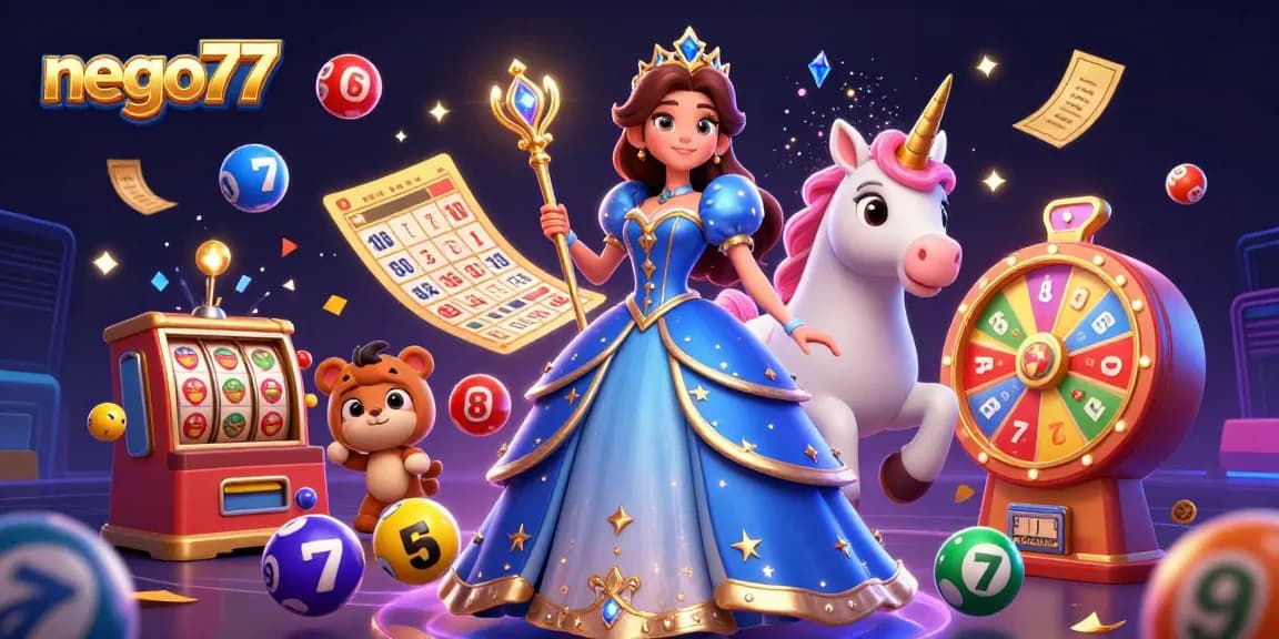 Nego77 celebrates online casino excitement with a dynamic 3D illustration featuring vibrant lottery elements.