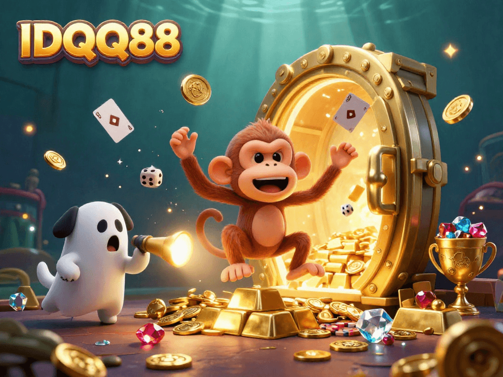 IDQQ88 showcases a lively haunted casino scene with a quirky ghostly monkey and puppy tracking treasures.