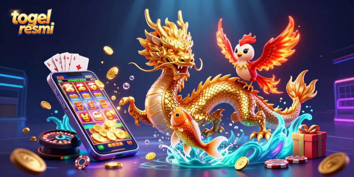 Menggambarkan suasana "togel resmi" dengan naga emas dan ikan koi melompat di atas tumpukan koin emas, dikelilingi elemen permainan kasino yang menarik.