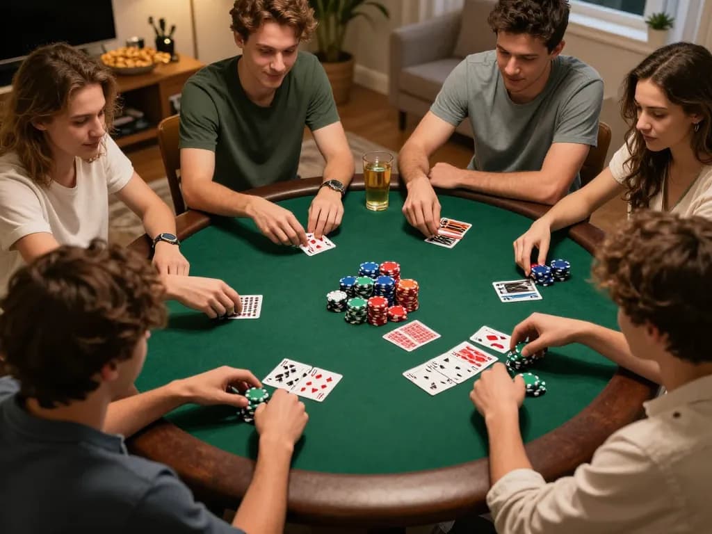 Teman-teman bermain poker di rumah, merencanakan strategi dengan chip berwarna-warni sambil menikmati link mpo777.