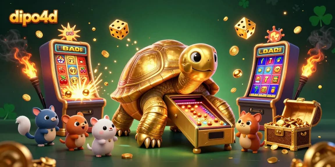Engage with dipo4d's exciting jackpot scene featuring a golden tortoise and a vibrant 3D slot machine.