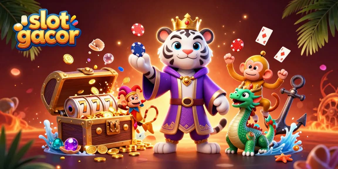 Experience slot gacor action with a majestic tiger, playful monkey, and dragon in an enchanting casino scene.