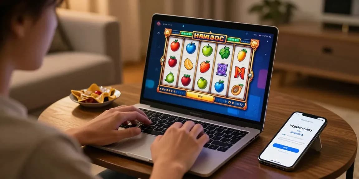 Pengguna dengan antarmuka nagahitam303 login di laptop sambil bermain slot online, suasana nyaman di rumah.
