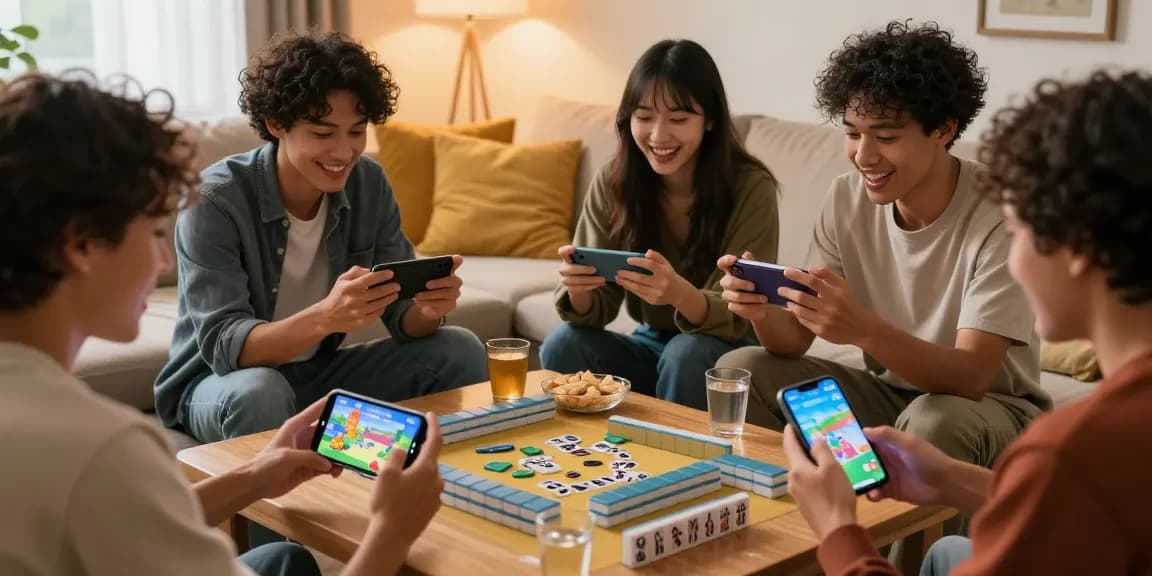 Group of friends playing Mahjong online using CIKA4D app in a cozy living room setting