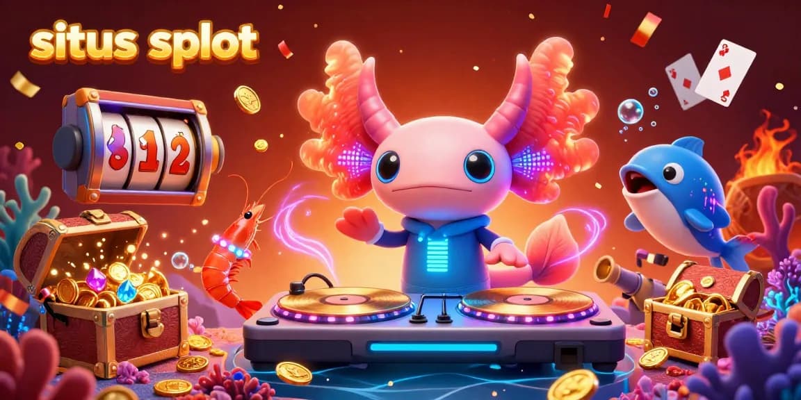 Experience the excitement of situs slot with a lively underwater casino scene featuring a neon axolotl DJ.