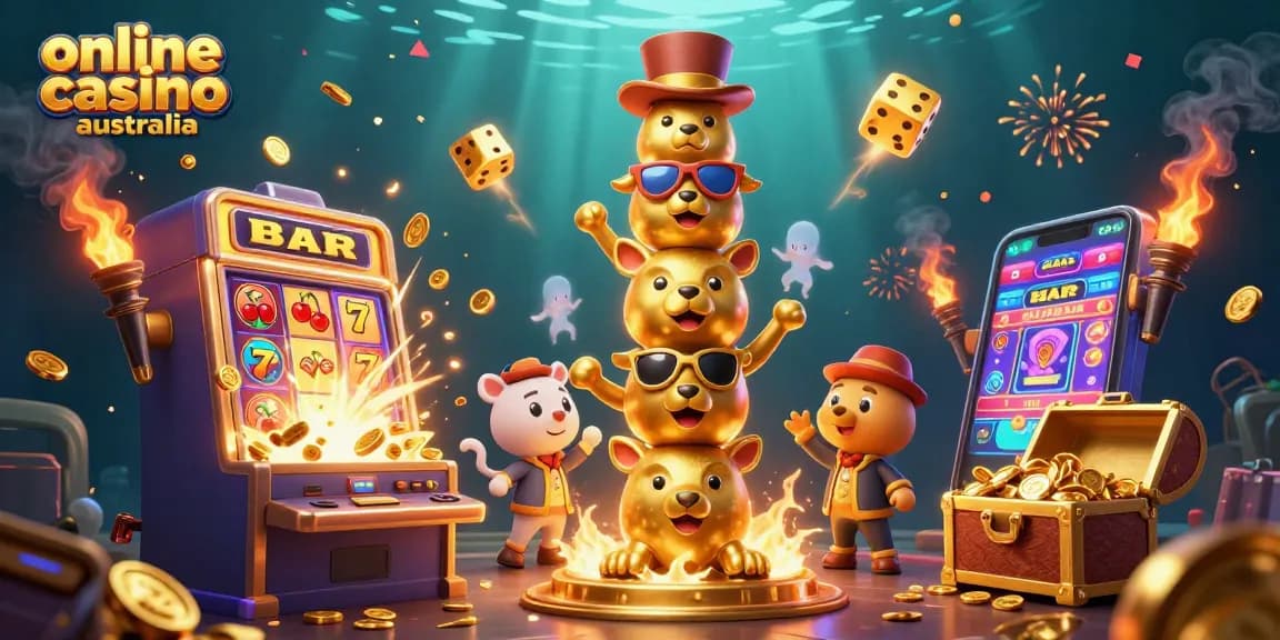 Experience the vibrant world of online casino australia with a dynamic 3D illustration bursting with casino elements.