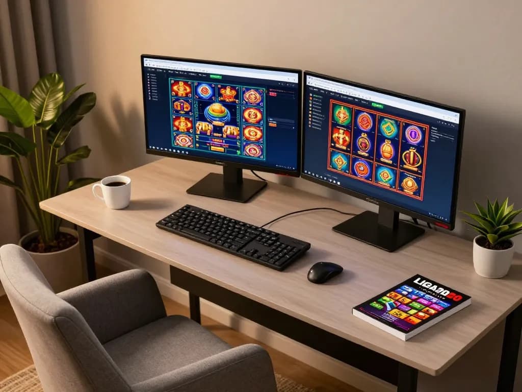 LIGA2000 online casino interface displayed on dual monitors in a modern home office setup, showcasing engaging slot games.