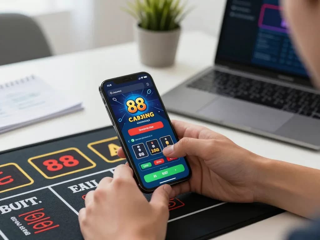 Engaging with mantra88's casino app, showcasing live dealer betting on smartphone in modern workspace