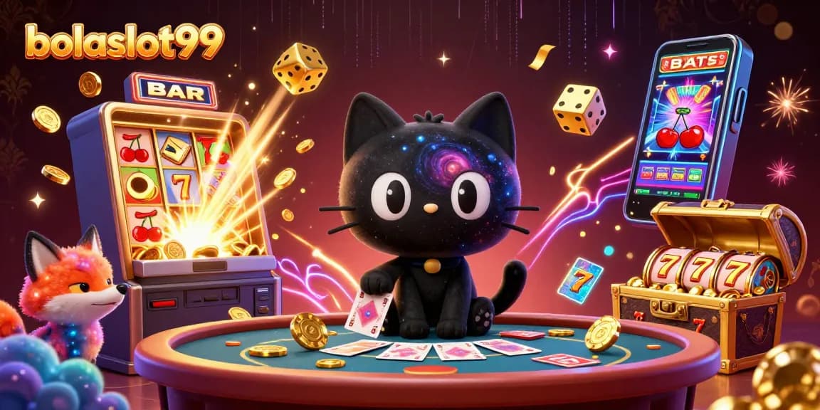 Experience the thrill at bolaslot99 with a vibrant cosmic casino illustration showcasing winning jackpot elements.