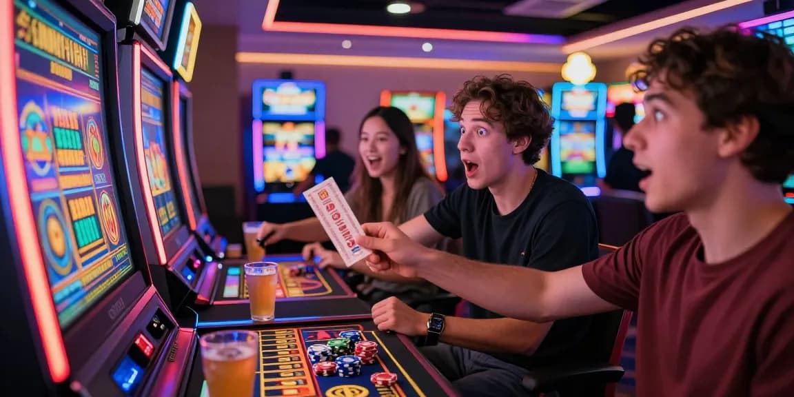 Group of excited players around a slot machine in a vibrant online casino atmosphere with colorful lights and stacks of chips.