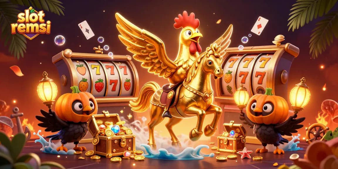 Gambarkan slot remsi yang menarik dalam ilustrasi kasino dengan karakter utama dan elemen permainan yang kaya.