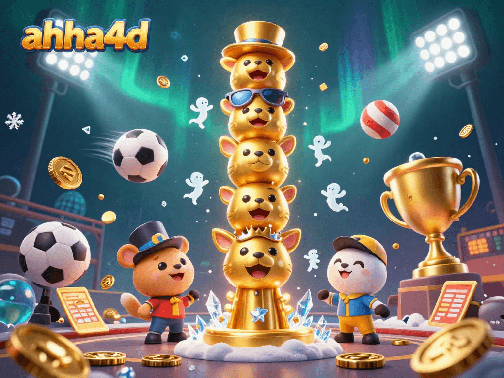 Gambarkan perayaan permainan dengan ahha4d dan simbol totan berkilau serta bola olahraga.