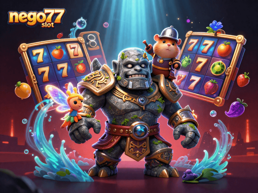 Activate your luck with nego77 slot, featuring a magical scene of a golem guardian and casino elements.