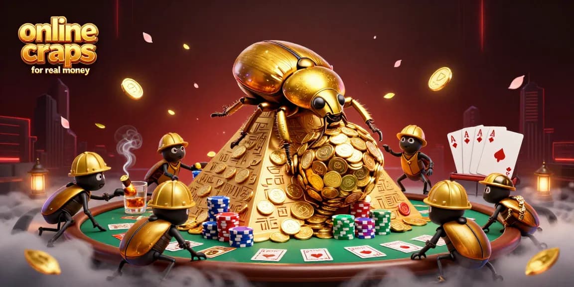 Experience the thrill of online craps for real money with a dynamic 3D casino scene featuring beetles and poker elements.